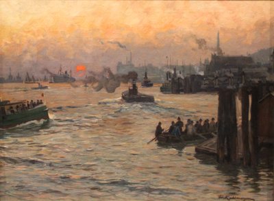 Returning Shipyard and Dock Workers in Hamburg Harbor in the Evening by Friedrich Kallmorgen